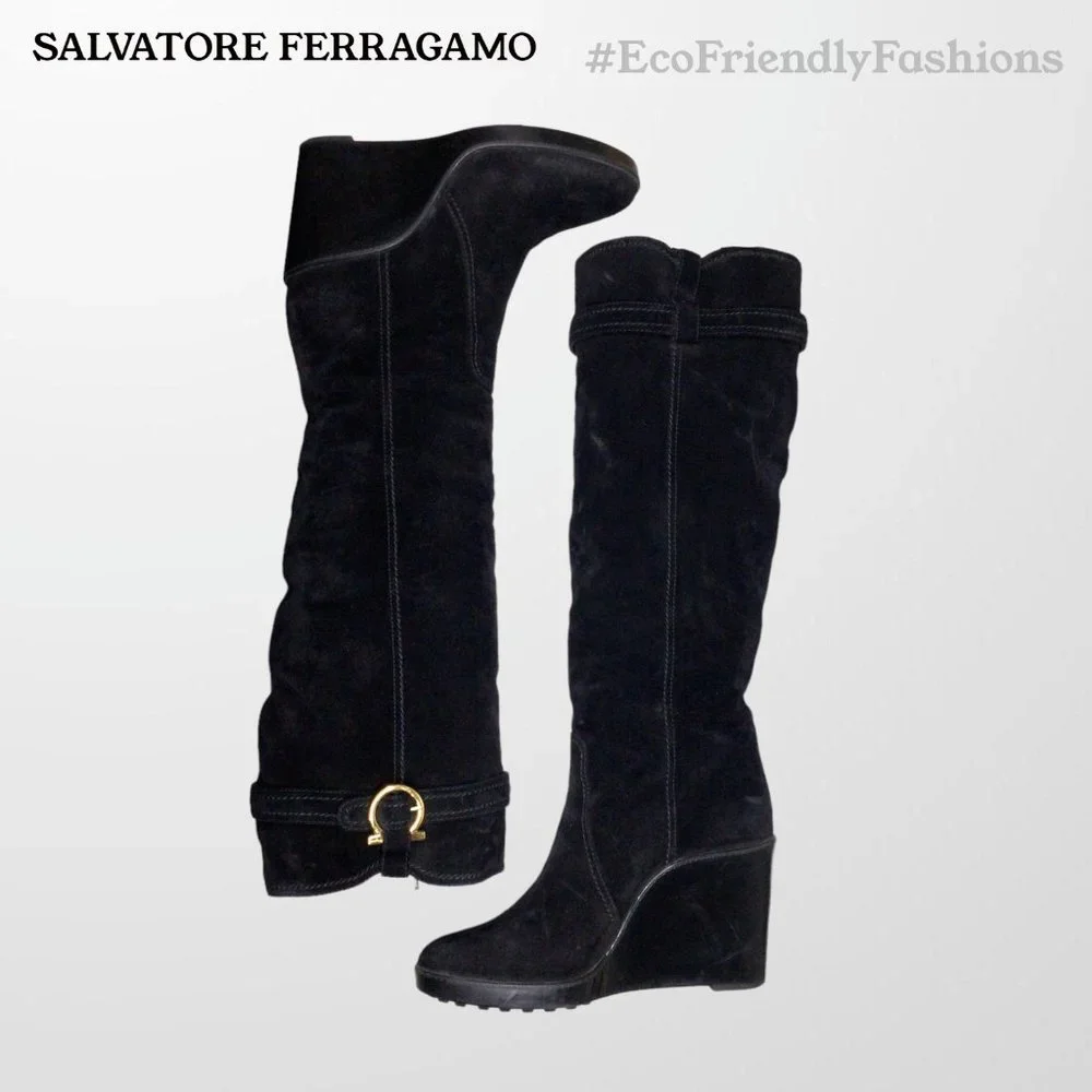 Salvatore Ferragamo Black Suede Over-The-Knee Boots with Buckle Detail